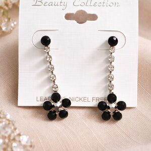 Elegant Black Crystal Floral Drop Earrings -
